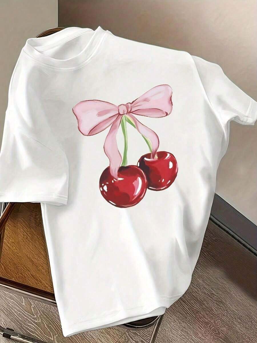 Women's Casual Cherry Print T-Shirt - Short Sleeve Blouse For Spring, Summer And Autumn, Casual Round Neck Top With Medium Stretch Fabric, Cherry Print And Bows (Not See-Through), Machine Washable Casual Wear For Brunch, Shopping, Office - 100% Cotton, Durable - 白色 - 查看 1
