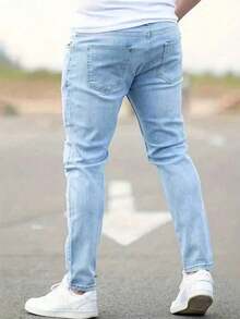 1 buah Celana Jeans Denim Biru Slim Fit Pria dengan Kantong Resleting - Biru - View 3