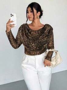 Blusa sexy de manga larga con cuello en V profundo y malla transparente ajustada para mujer de talla grande, adecuada para el Día de San Valentín, conciertos, actuaciones, citas, cenas formales, bailes de graduación, bodas, estilo sexy y elegante, para ir al trabajo, de vuelta a la escuela, vacaciones, playa, romántica, estilo sirena, fiestas de cumpleaños - Marrón - Ver 5