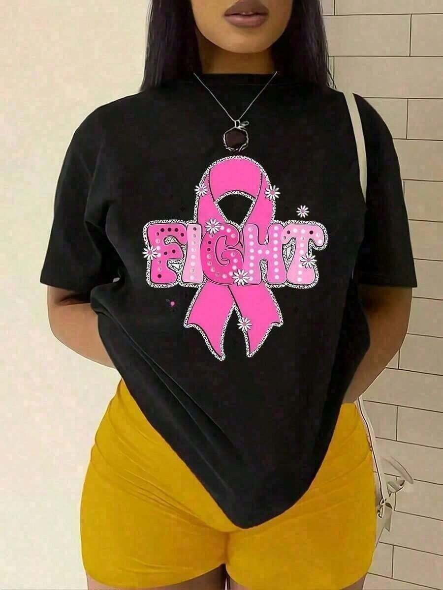 Playeras de mujer% Algodón Cáncer de Mama, Concientización sobre el Cáncer de Mama, Cáncer de Mama Vintage, Nosotros nos vistemos de rosa en octubre, Lazo Rosa, Cáncer, Ropa de Mujer, Suaves y Cómodas, estampadas, conjuntos de mujer - Negro - Ver 1