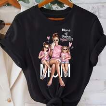 Short-Sleeved T-Shirt With Round Neck And "Mother And Daughter" Graphic Print For Mother's Day, Casual And Elegant Short-Sleeved T-Shirt, Slightly Stretchy, Not See-Through, Easy-Care Material, Perfect For Everyday Wear, Women's T-Shirt - 黑色 - 查看 1