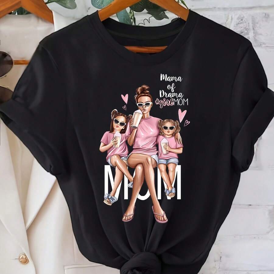 Short-Sleeved T-Shirt With Round Neck And "Mother And Daughter" Graphic Print For Mother's Day, Casual And Elegant Short-Sleeved T-Shirt, Slightly Stretchy, Not See-Through, Easy-Care Material, Perfect For Everyday Wear, Women's T-Shirt - 黑色 - 查看 1