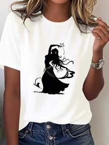Comfortable Printed T-Shirts For Belly Dancers, Pure Cotton T-Shirt For Women, Comfortable Fit, 100% Cotton Loose Versatile Short Sleeve T-Shirt For Women - 白色的 - 查看 11