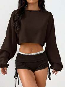 Women's Loose-Fitting Solid Color Crop Top, Black, Spring - Coffee - View 2