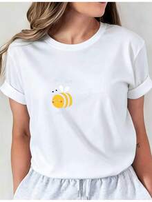 Women's Short-Sleeved Crop Top With A 2D Bee Print, Conveying A Message Of Joy And Carefree Spirit. A Casual And Unique Mini Top, Suitable For All Seasons And Available In Multiple Colors. I01 Round Neck Casual Top, Comfortable Women's Clothing, Ladies' Blouses. - 白色 - 查看 12