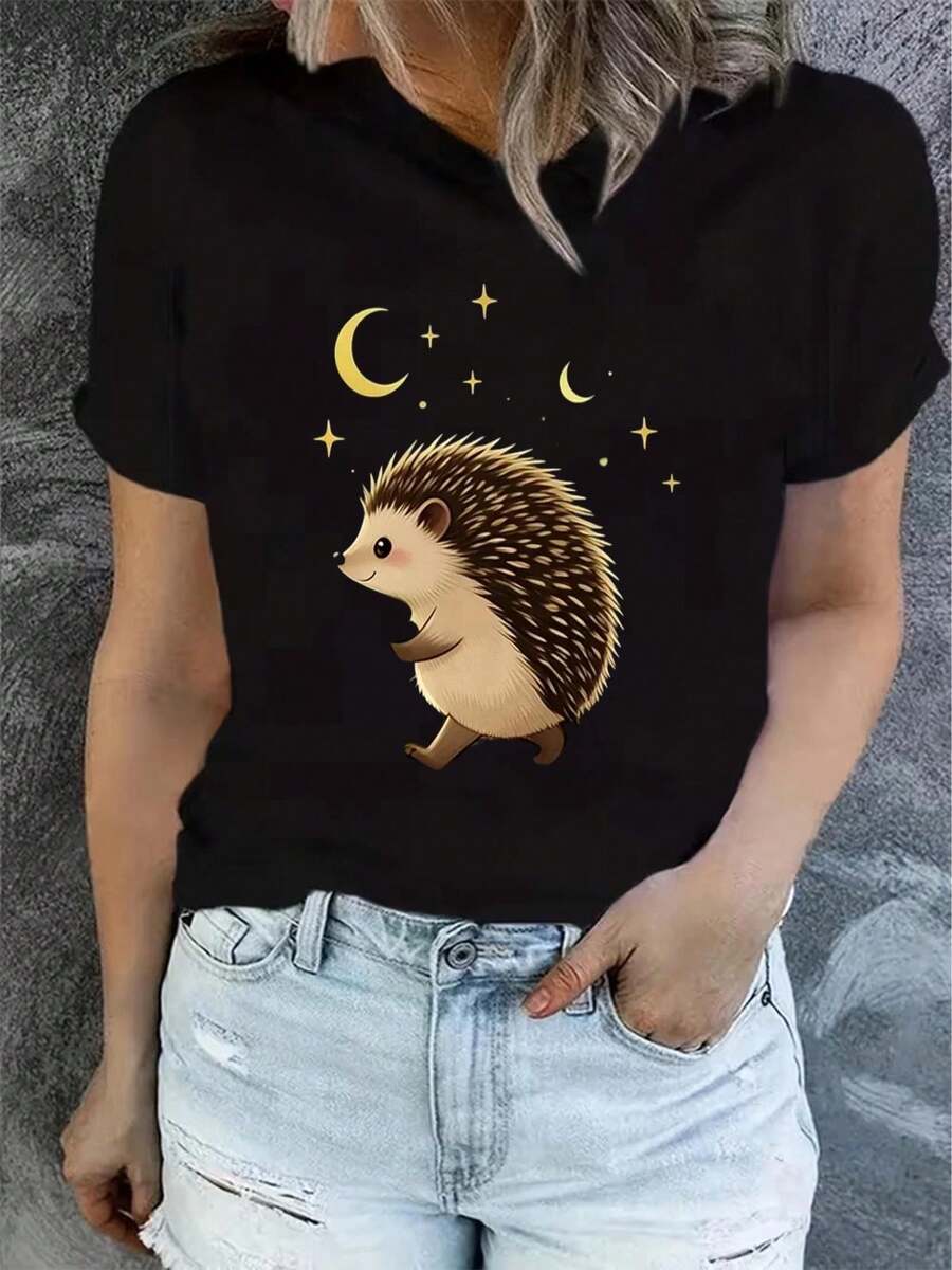 Camiseta de verano para mujer de manga corta con estampado, moderna y casual, lavable a máquina, ajuste cómodo con estampado plano 2D. - Negro - Ver 1