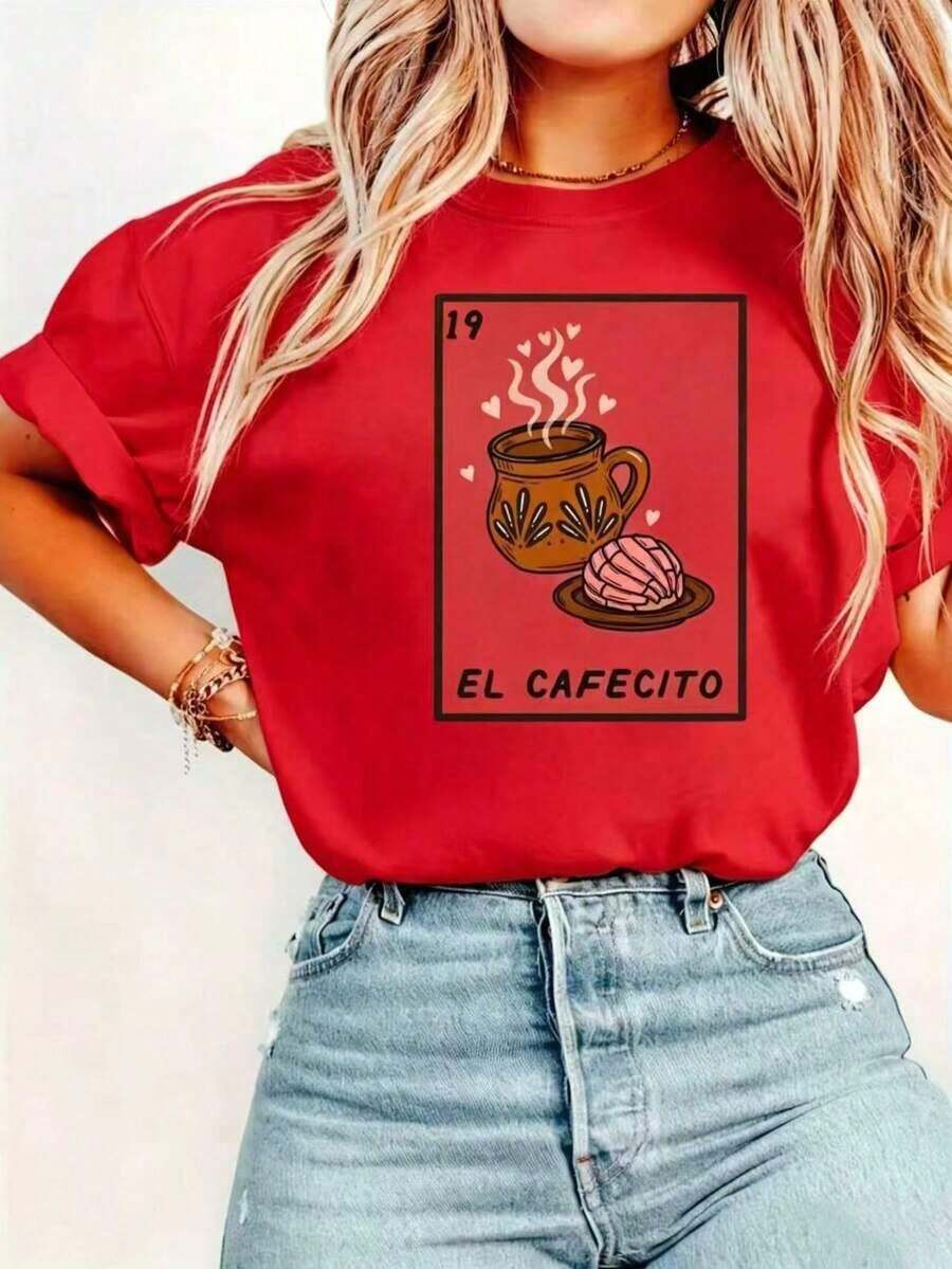 Premium Women's T-Shirt 19 EL CAFECITO With Coffee Cake Print - Casual Short Sleeve T-Shirt With Soft Round Neck For Everyday Wear With Printed Spanish Coffee Design, Unisex New Style T-Shirt For Casual Daily Wear, Basic Clothing For 4 Seasons, Women's Office T-Shirt, Bestseller For Valentine's Day, . - 紅色 - 查看 1