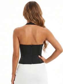 Women's Halter Corset Tops Sleeveless Open Back Solid Color Slim Fit Tank Tops Summer Bustier - Black - View 6