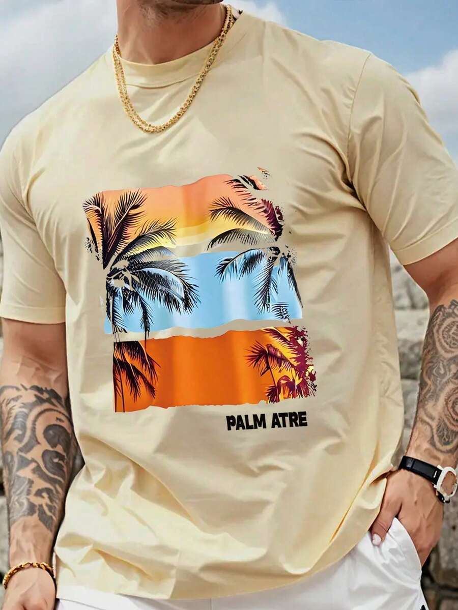 Men's Letter & Palm Tree Print Round Neck Short Sleeve Casual T-Shirt - Apricot - View 1
