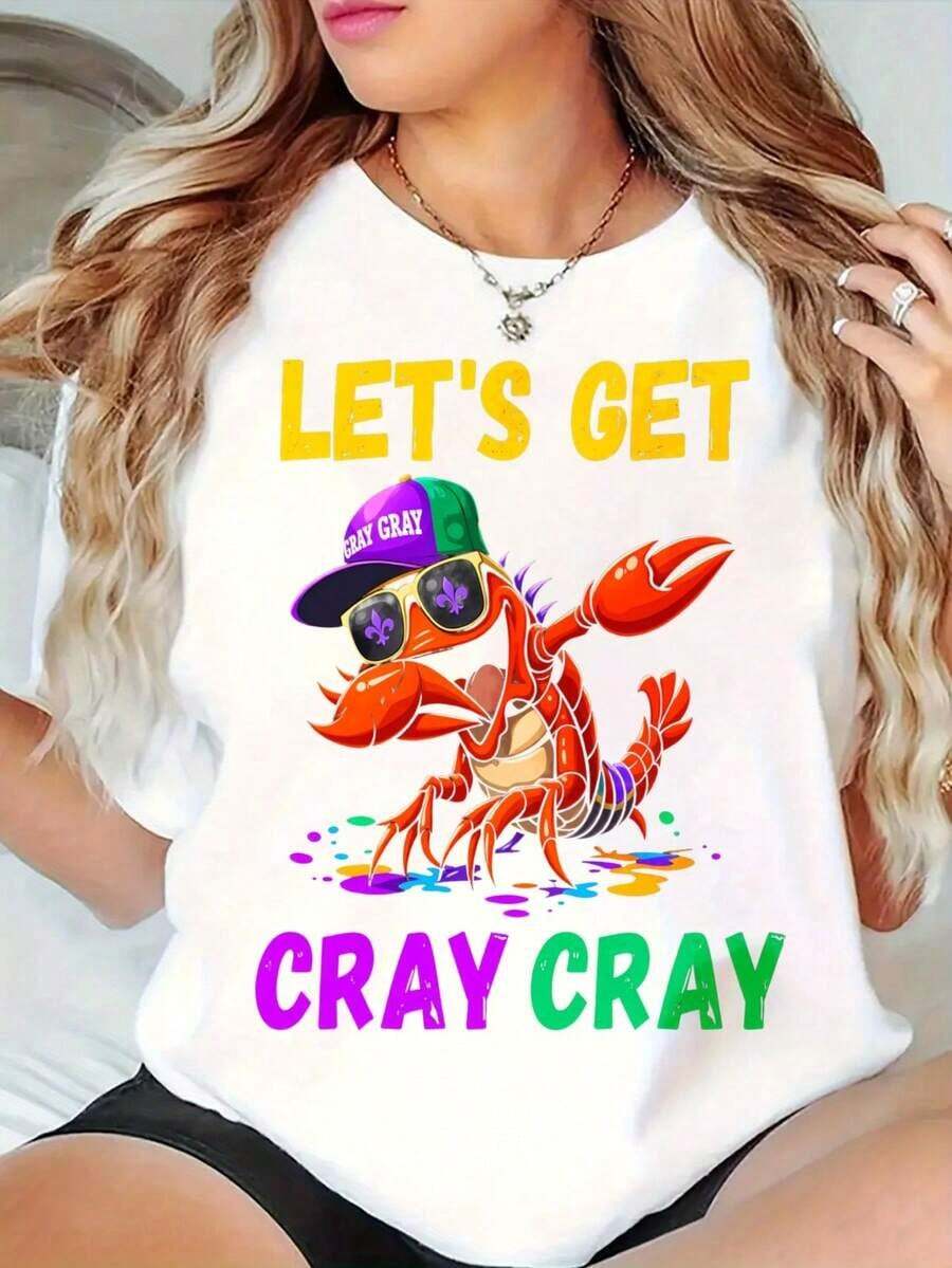 NewSummerCasualWomen's Oversized Crew Neck Graphic Tees, 100% Cotton T Shirt, Cray Cray Lobster With Hat And Sunglasses Casual Wear, Spring Short Sleeve Loose Fit Tops, Summer Fashion Basic Tees, Clothes Gift For Womens-Vintage Street Style Unisex Loose Cotton Short Sleeve Crew Neck T-Shirt - 白色 - 查看 1