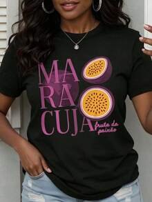 New Women's Summer Casual T-Shirt With Passion Fruit Print, Urban Vintage Style, Unisex, Cotton, Short Sleeve, Round Neck - 黑色 - 查看 6