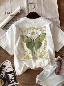 Limited Edition: Women's Casual Summer T-Shirt With Vintage Style Double-Sided Moth And Plant Print, Round Neck, Short Sleeve, Lightweight Cotton - 白色 - 查看 2