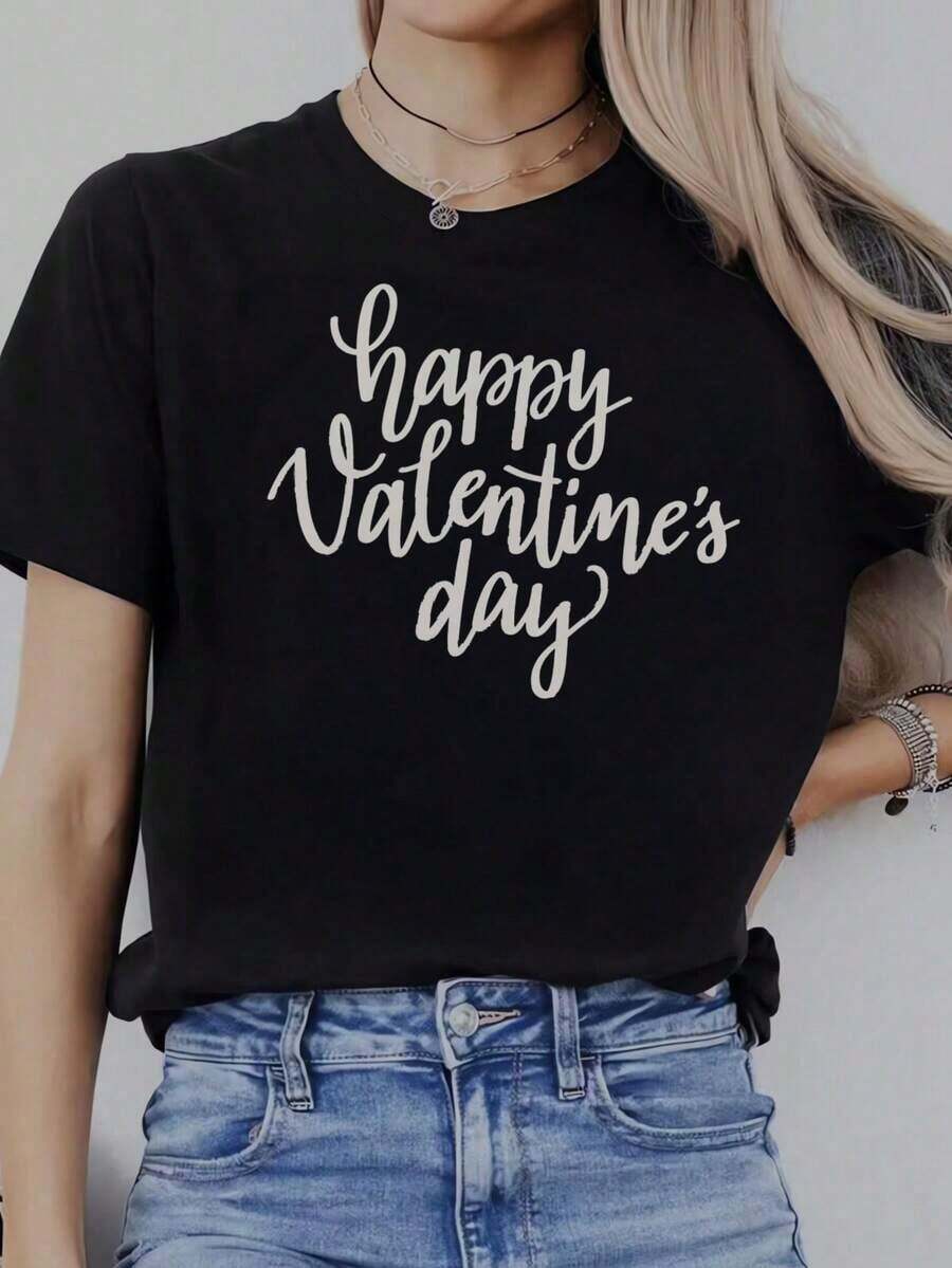 Soft 100% Cotton T-Shirt, Casual Short-Sleeved Crew Neck T-Shirt For Women, With Creative Valentine's Day Prints, Simple Design, Ideal For Outdoor Activities, Comfortable And Versatile, The Perfect Choice For A Birthday Gift, Also A Good Option For Family And Friends. Breathable Cotton T-Shirt, Goes With Everything. - 黑色 5 - 查看 1