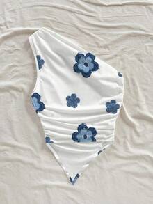 Blusa casual sin mangas con estampado floral y bajo asimétrico para mujer - Azul y blanco - Ver 2