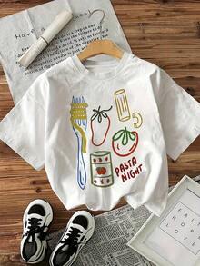 1 Piece Women's Casual Short Sleeve T-Shirt With Fun Tomato And Chili Print, Pasta Night Design, Round Neck, Lightweight, Summer Essential, White With Colorful Illustrations, Summer Casual Wear, Funny Graphic T-Shirt, Lightweight, 180g, 100% Cotton - 白色 - 查看 1