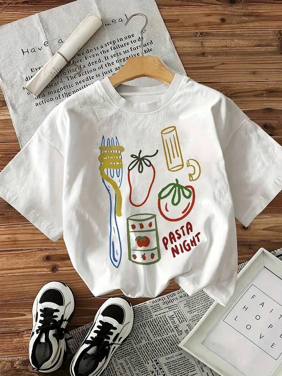 1 Piece Women's Casual Short Sleeve T-Shirt With Fun Tomato And Chili Print, Pasta Night Design, Round Neck, Lightweight, Summer Essential, White With Colorful Illustrations, Summer Casual Wear, Funny Graphic T-Shirt, Lightweight, 180g, 100% Cotton - 白色 - 查看 1