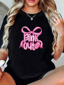 1 Piece, Women's Breast Cancer Awareness T-Shirt - Pink And Bow Design, Short Sleeve, Round Neck, Soft And Casual, Ideal For Breast Cancer Awareness, Comfortable For Curvy Women - Stylish, Special Line, 180g, 100% Cotton. - 黑色 - 查看 1
