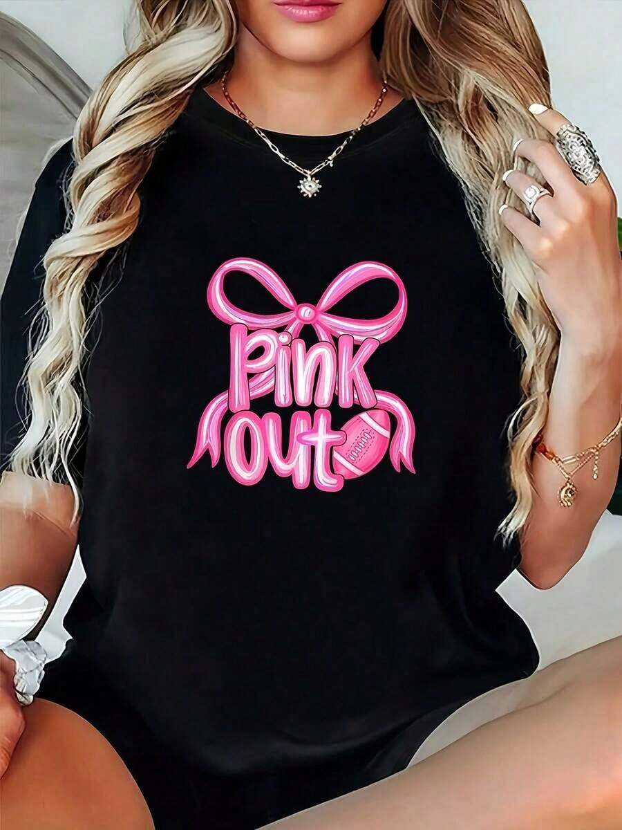1 Piece, Women's Breast Cancer Awareness T-Shirt - Pink And Bow Design, Short Sleeve, Round Neck, Soft And Casual, Ideal For Breast Cancer Awareness, Comfortable For Curvy Women - Stylish, Special Line, 180g, 100% Cotton. - 黑色 - 查看 1