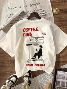 Camiseta con Estampado Coffee Club, Camiseta Casual de Manga Corta y Cuello Redondo para Mujer, para Primavera y Verano - Albaricoque 3 - Ver 2