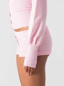 Women's Knit Shorts Casual Slim Fit Stylish Solid Color Buttons Ribbed Elastic Low Rise Shorts - Pink - View 3