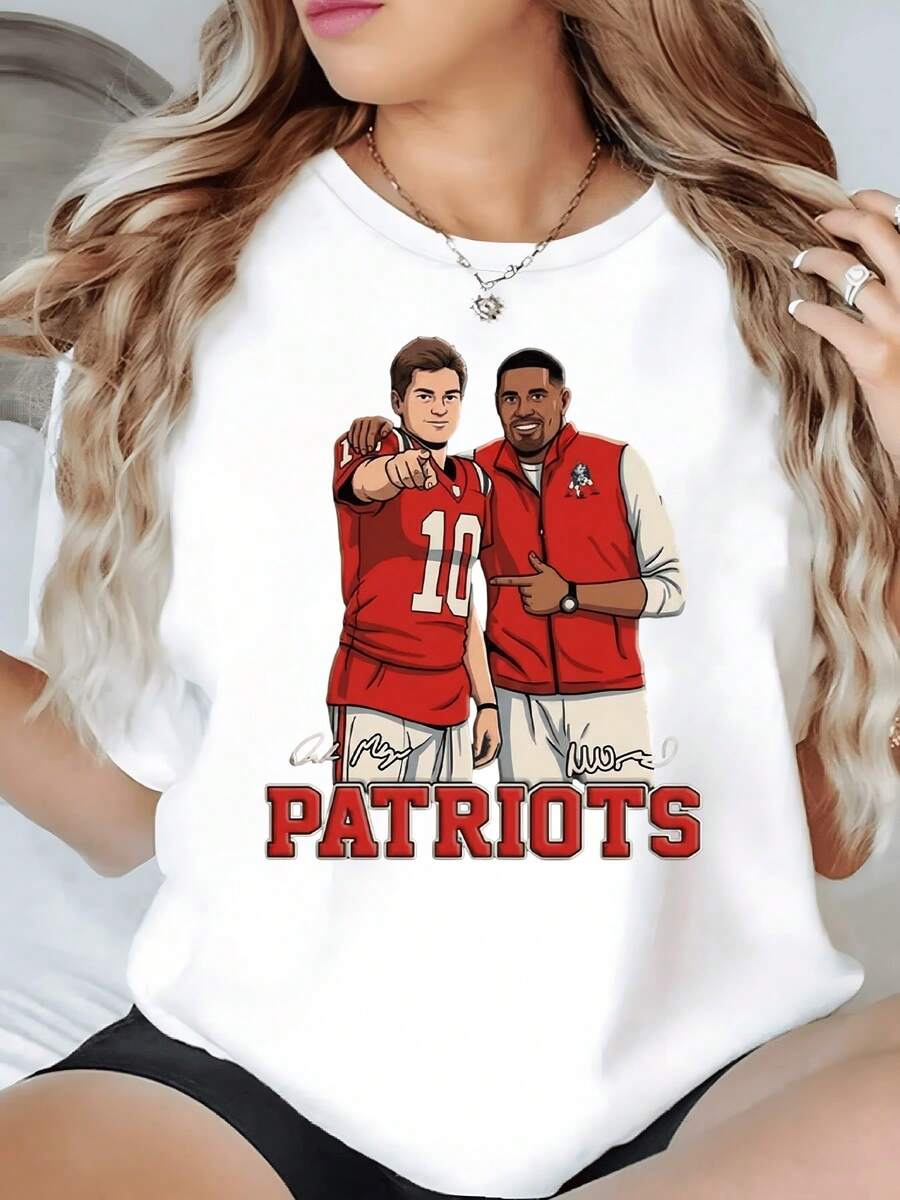 Two Figures In Red Jackets Celebrating Sportsmanship And Friendship With Large Lettering Reflecting Pride And Unity. Comfortable And Modern Casual Women's T-Shirt For Sports Fans. - White - View 1