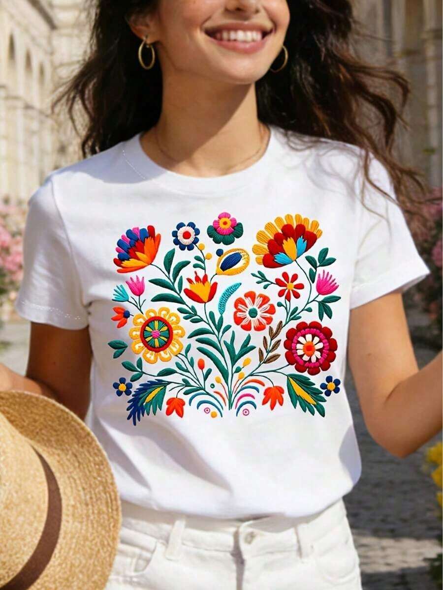 Short Sleeves. Mexican T-Shirt With Colorful And Festive Floral Print, Casual Short Sleeve Top With Round Neck For Women. Leisure - 白色 - 查看 1