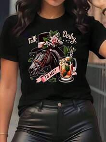 New arrivals for summer.Women T Shirt Horse With Hat And Cocktail Talk Derby To Me Print Round Neck Casual Daily Wear Soft Comfortable FestivalBlouse,Shirt > Beautiful. - Negro - Ver 12