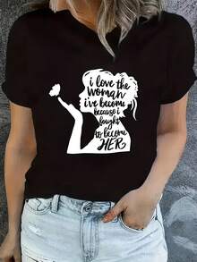 Women's T-Shirt - Inspirational Print T-Shirt - Casual Short-Sleeved Round Neck T-Shirt With Motivational Designs And Feminine Illustrations, Black Background With White Text, Suitable For Spring And Summer, Loose Fit, Women's T-Shirt. - 黑色 - 查看 1