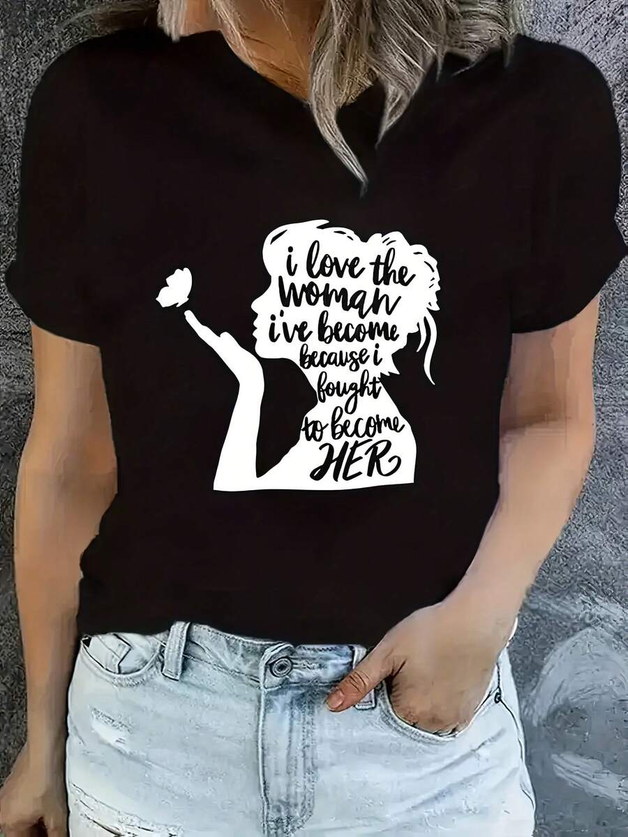 Women's T-Shirt - Inspirational Print T-Shirt - Casual Short-Sleeved Round Neck T-Shirt With Motivational Designs And Feminine Illustrations, Black Background With White Text, Suitable For Spring And Summer, Loose Fit, Women's T-Shirt. - 黑色 - 查看 1