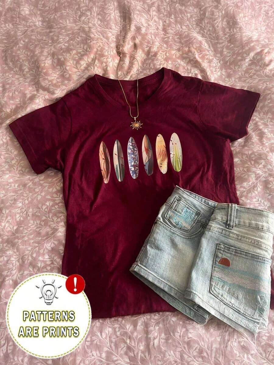 Blusa casual de mujer con bordado floral, camiseta de cuello redondo para el verano - Burdeos - Ver 1