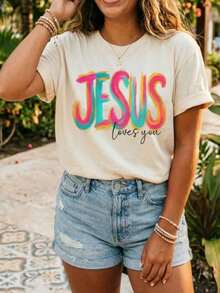 1 camiseta con estampado gráfico "Jesus Loves You", manga corta, cuello redondo, estilo casual para verano y primavera, camiseta para mujer, 180g, 100% algodón. - Blanco1 - Ver 4