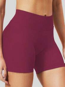 Pantalones cortos de yoga sin costuras de cintura alta para mujer - Levantamiento de glúteos elástico, adecuado para correr, fitness y actividades al aire libre| Apariencia de moda| Tela elástica de verano - Rojo violeta - Ver 7
