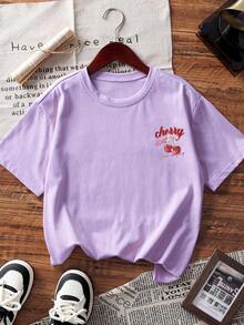 Set de 2 piezas de Blusa de manga corta con estampado de cerezas y Shorts a rayas para niñas preadolescentes, conjunto de verano con estilo fashionable/Y2K/streetwear y vibra artística - Morado - Ver 4