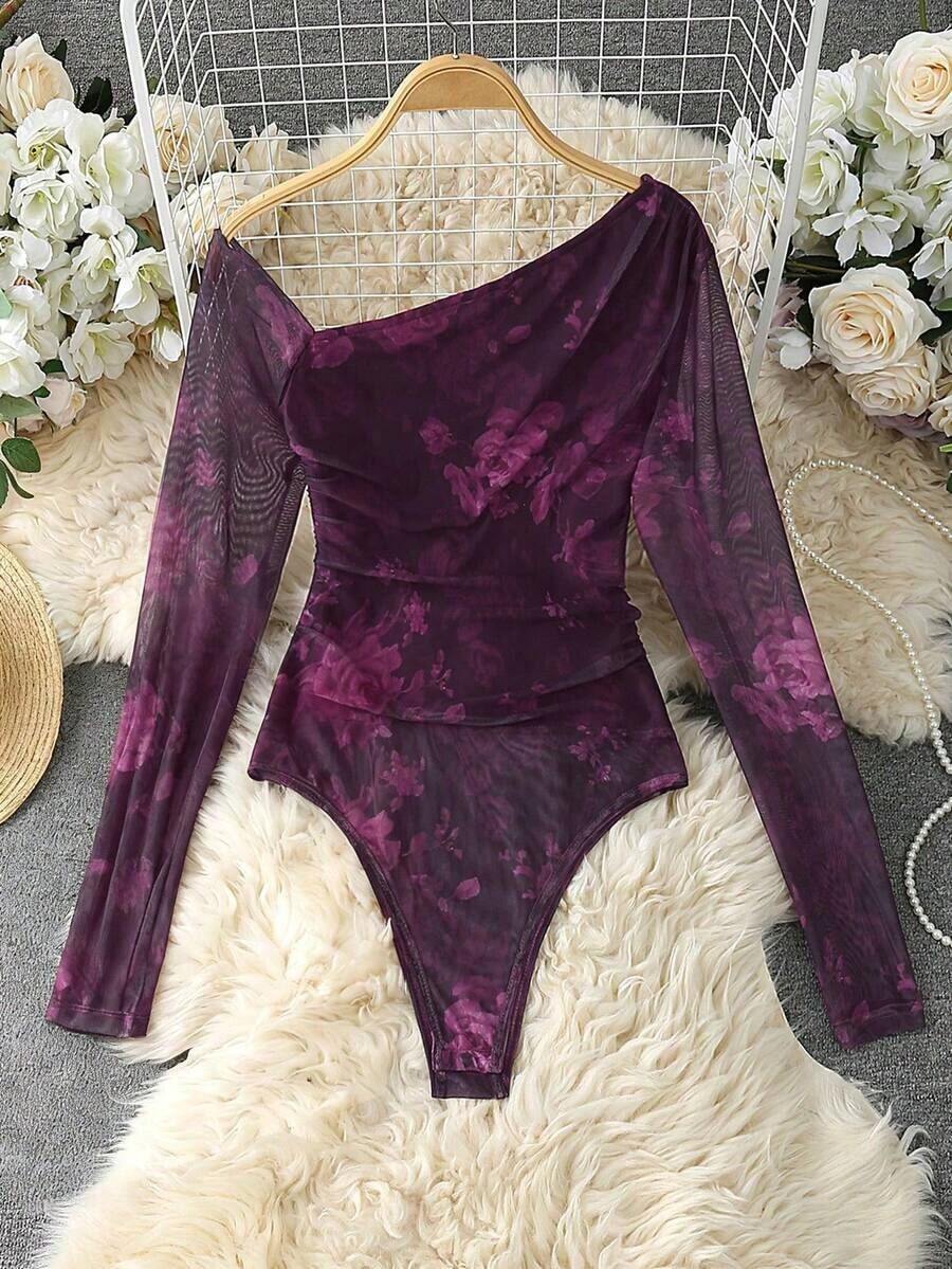 Body de manga larga con hombros transparentes y estampado de leopardo para mujer - Morado 2 - Ver 1