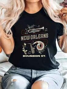 Cotton T-Shirt With Vintage Print Of The New Orleans Jazz Festival, Louisiana. Casual Crew Neck, Short Sleeve T-Shirt, Comfortable For Spring And Summer. Women's Clothing, 100% Cotton. - 黑色 - 查看 8