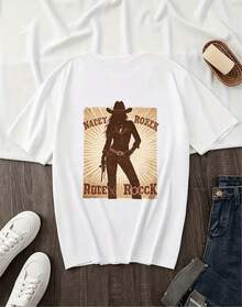 Affordable Women's T-Shirt, Cowboy Style, Retro, Rock, Western, With Cowgirl Silhouette Print, Short Sleeve, Casual And Fashionable, Summer Fitted Cut, Round Neck. - 白色2 - 查看 1