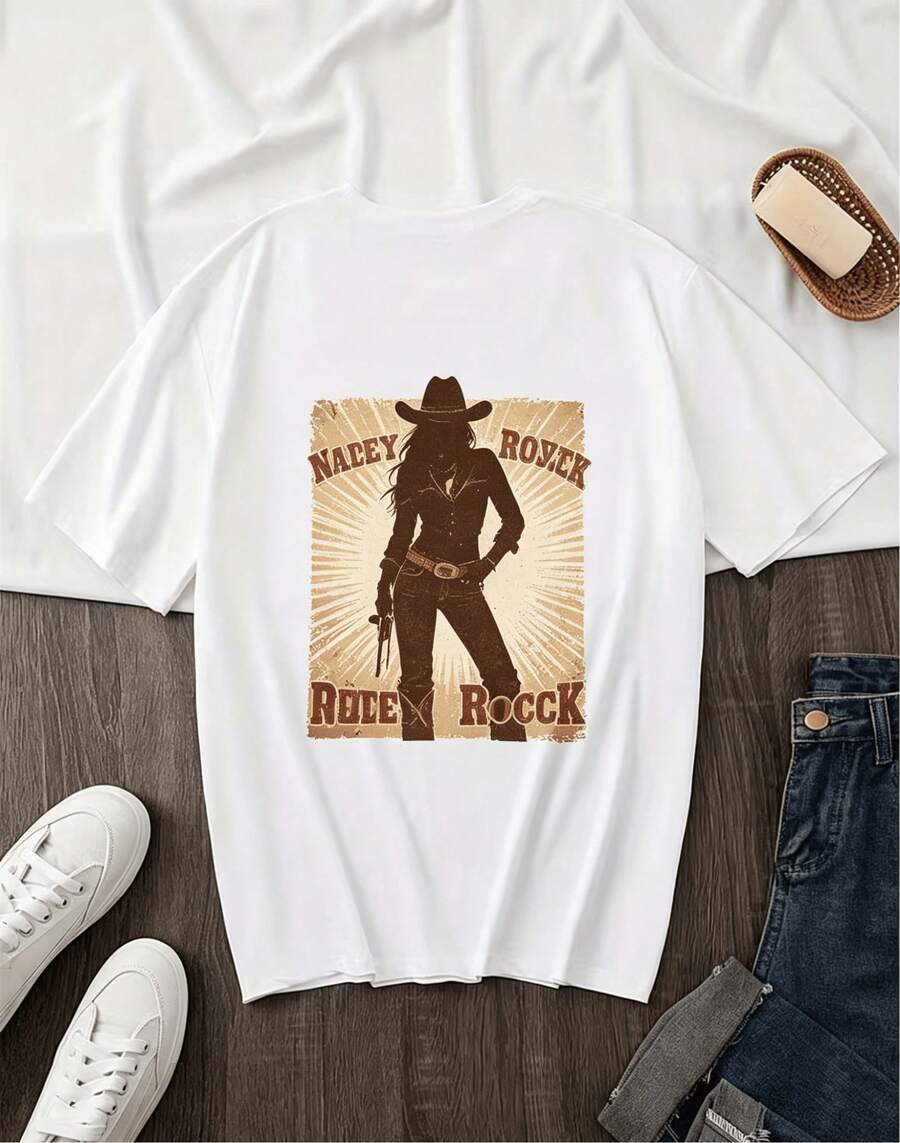 Affordable Women's T-Shirt, Cowboy Style, Retro, Rock, Western, With Cowgirl Silhouette Print, Short Sleeve, Casual And Fashionable, Summer Fitted Cut, Round Neck. - 白色2 - 查看 1