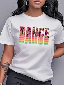 Women's Versatile, Pure Cotton Short-Sleeved T-Shirt With A Round Neck And A Dance-Themed Letter Print. This Short-Sleeved, Round-Neck Top Features A Dynamic, Dance-Themed Design That Exudes A Stylish Posture And Modern Personality, Perfect For Dance Enthusiasts To Express Their Passion For Dance At Everyday Casual Gatherings And Parties. - 白色 - 查看 1