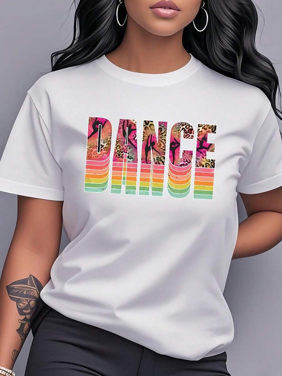Women's Versatile, Pure Cotton Short-Sleeved T-Shirt With A Round Neck And A Dance-Themed Letter Print. This Short-Sleeved, Round-Neck Top Features A Dynamic, Dance-Themed Design That Exudes A Stylish Posture And Modern Personality, Perfect For Dance Enthusiasts To Express Their Passion For Dance At Everyday Casual Gatherings And Parties. - 白色 - 查看 1