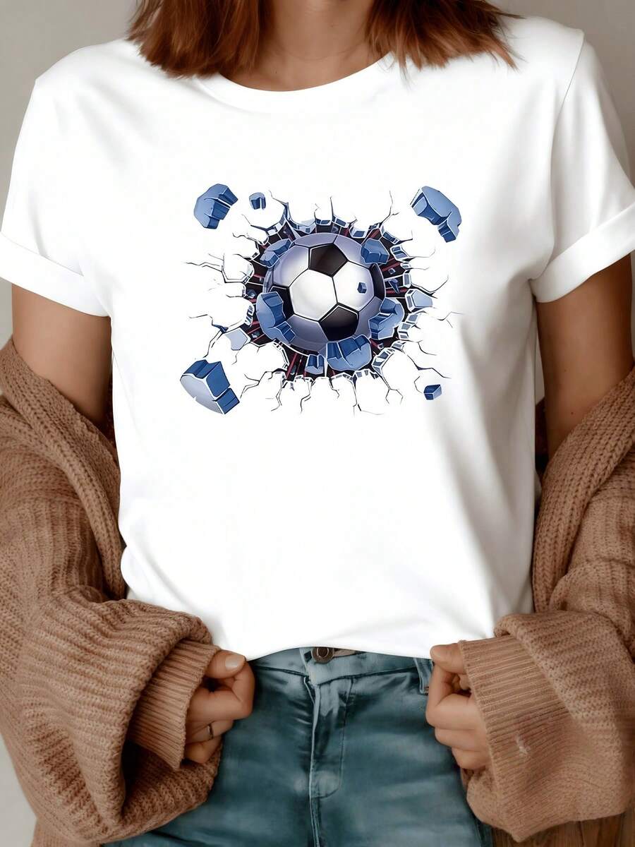A Soccer Ball Breaking Through A Wall Symbolizes Energy, Strength, And Sporting Passion. With A Dynamic Motion Effect And Realistic Details, This Women's Casual, Modern, And Comfortable T-Shirt Is Perfect For Everyday Wear. - 白色 - 查看 1