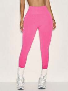 sin costuras de cintura alta de unicolor para uso diario, fitness y yoga para mujeres - Rosa Fucsia - Ver 5