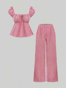 Conjunto de 2 piezas de blusa de manga de pétalo a rayas estilo francés dulce y pantalones rectos holgados para mujer, de primavera/verano - Rojo - Ver 9