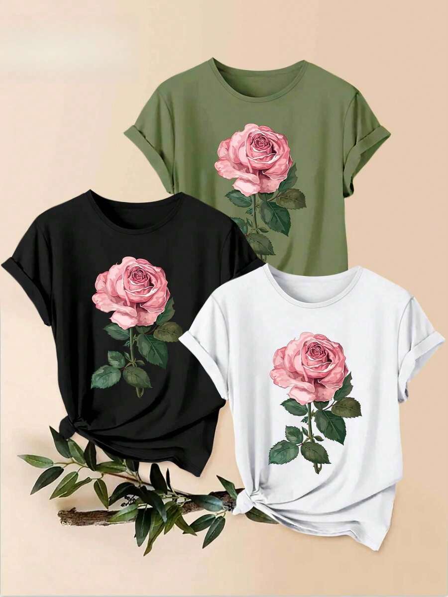 Women's T-Shirts, 1-Piece Set With Pink Rose Floral Print, Beautiful Feminine Clothing, An Elegant Casual Sporty Gift, Machine Washable, Short-Sleeved Top With Round Neck. - 1件白色隨機圖案 - 查看 1