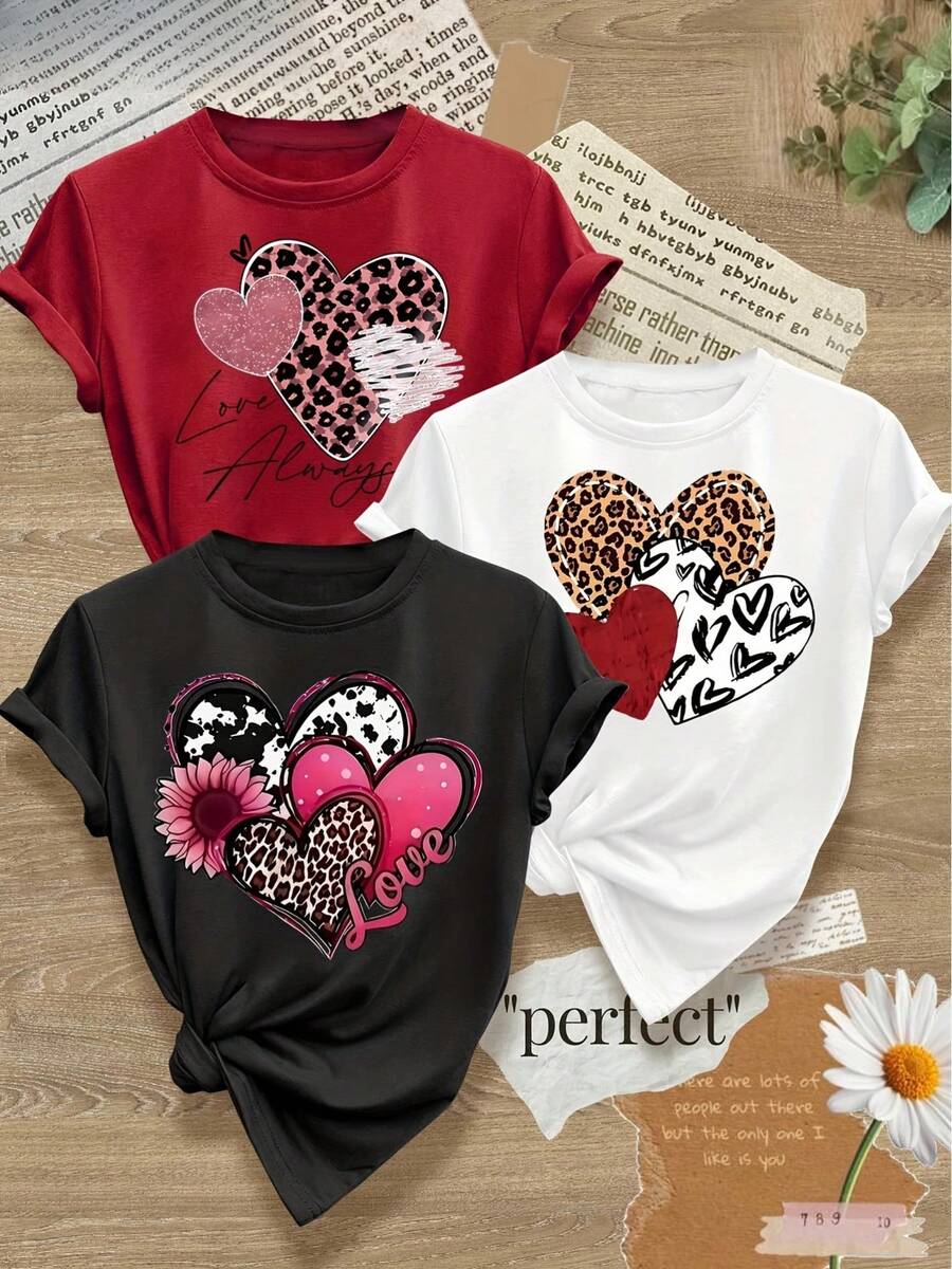 Women's T-Shirts, Women's Short Sleeve Casual T-Shirt - Vintage Heart Print, Leopard Print, Polka Dots And Stripes T-Shirt, Machine Washable, Sizes S-XXXL, Spring, Summer, Autumn, All Seasons Top. | Vintage Style T-Shirt | Soft Texture - 1件黑色隨機圖案 - 查看 1
