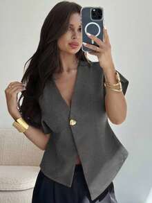 Blusa casual de manga murciélago asimétrica de unicolor mostaza, elegante, simple, estilosa y minimalista, versátil para el uso diario y el transporte, de alta gama, minimalista y desconstructiva, con manga de murciélago oversize y cuello en V de - Gris - Ver 1