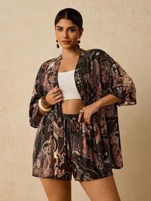 2 piezas Conjunto de talla grande Chaqueta de manga corta con estampado de leopardo, casual y de moda para uso diario - Marrón 2 - Ver 6