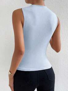 Camiseta sin mangas de corte slim con pliegues de unicolor minimalista para uso diario en verano para mujeres - Azul - Ver 2