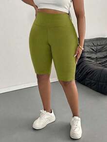 Leggings básicos de color liso para mujer de talla grande, apropiados para shorts de verano hasta la mitad del muslo, adecuados para personas de estatura talla grande baja, leggings de cintura alta, para uso diario, ocio, deportes, vera - Verde militar - Ver 3