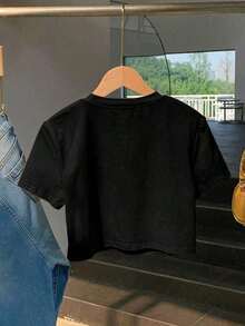 Camiseta casual de mujer de cuello redondo y manga corta con aplicación de estrella - Negro - Ver 2