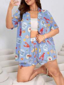 Conjunto de 2 piezas de talla grande con camisa de manga corta color fucsia y shorts - Multicolor 3 - Ver 5